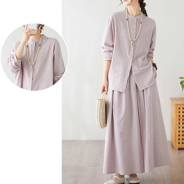 Buddha Stones Casual Vintage 2pcs Plain Printing Long Sleeve Shirt Top Skirt With Pockets Meditation Zen Tai Chi Clothing Women's Set
