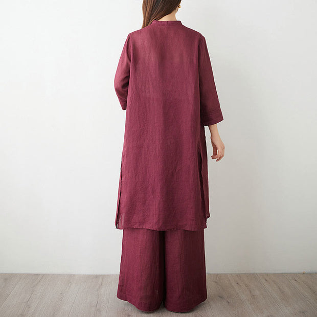 Buddha Stones Casual 2pcs Plain Three Quarter Sleeve Slanted Collar Shirt Top Skirt With Pockets Meditation Zen Tai Chi Clothing Women's Set
