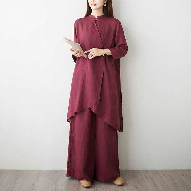 Buddha Stones Casual 2pcs Plain Three Quarter Sleeve Slanted Collar Shirt Top Skirt With Pockets Meditation Zen Tai Chi Clothing Women's Set