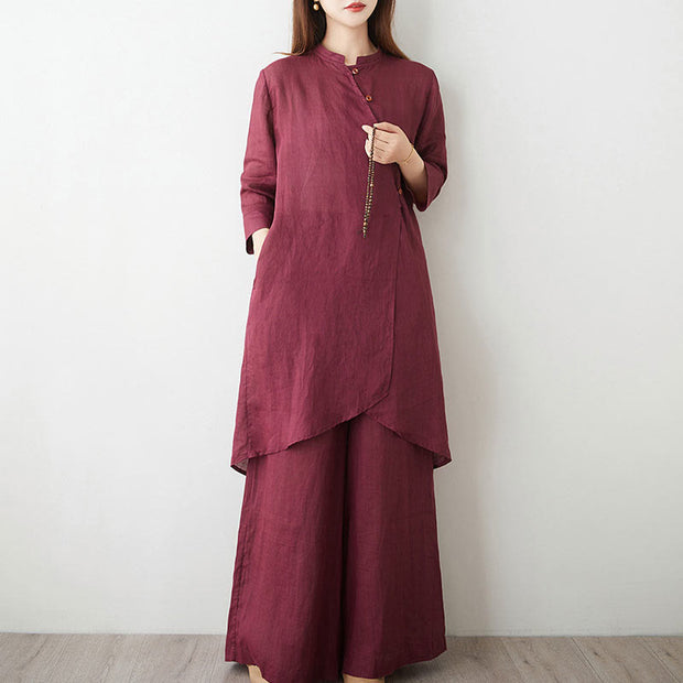 Buddha Stones Casual 2pcs Plain Three Quarter Sleeve Slanted Collar Shirt Top Skirt With Pockets Meditation Zen Tai Chi Clothing Women's Set