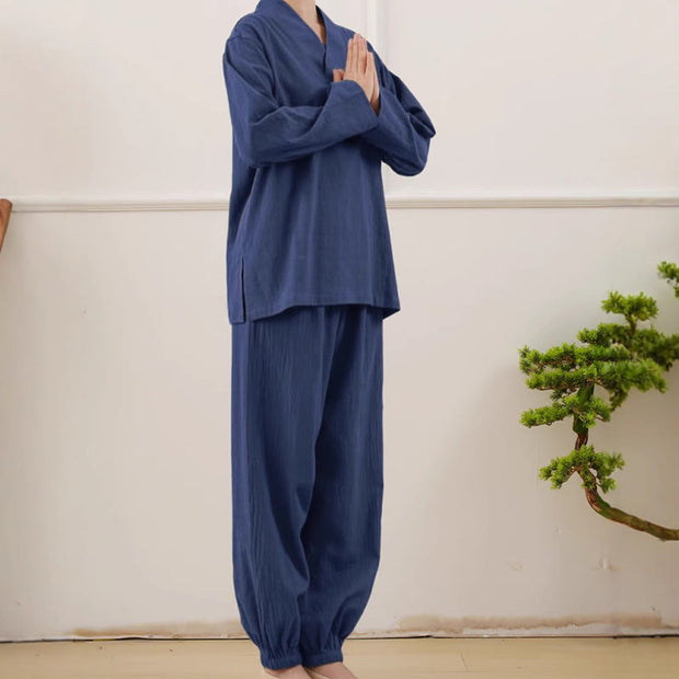 Buddha Stones Casual 2pcs Plain Long Sleeve Crumpling Design Shirt Top Skirt With Pockets Meditation Zen Tai Chi Clothing Women's Set