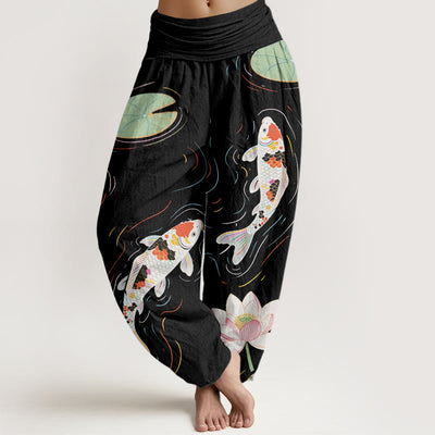 Buddha Stones Lotus Flower Lotus Leaves Koi Fish Water Ripples Pattern Women's Elastic Waist Harem Pants