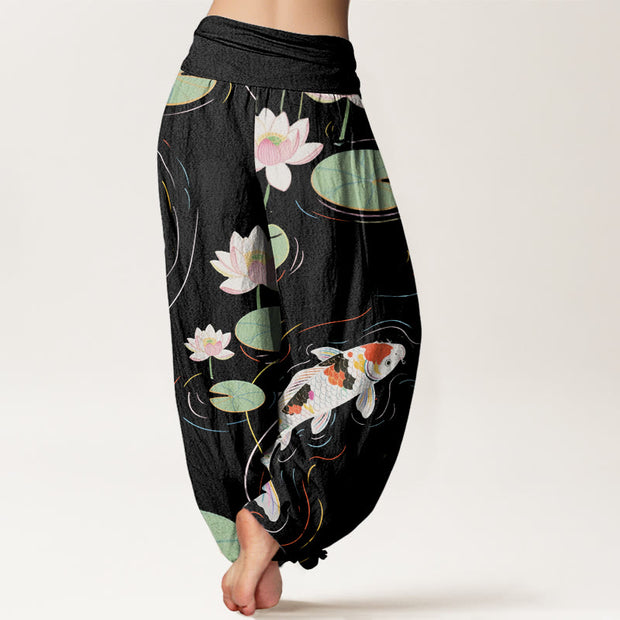 Buddha Stones Lotus Flower Lotus Leaves Koi Fish Water Ripples Pattern Women's Elastic Waist Harem Pants