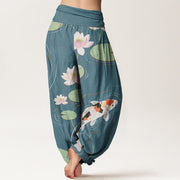 Buddha Stones Lotus Flower Lotus Leaves Koi Fish Water Ripples Pattern Women's Elastic Waist Harem Pants - image 9