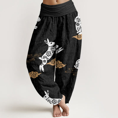 Buddha Stones White Rabbit Auspicious Cloud Pattern Women's Elastic Waist Harem Pants