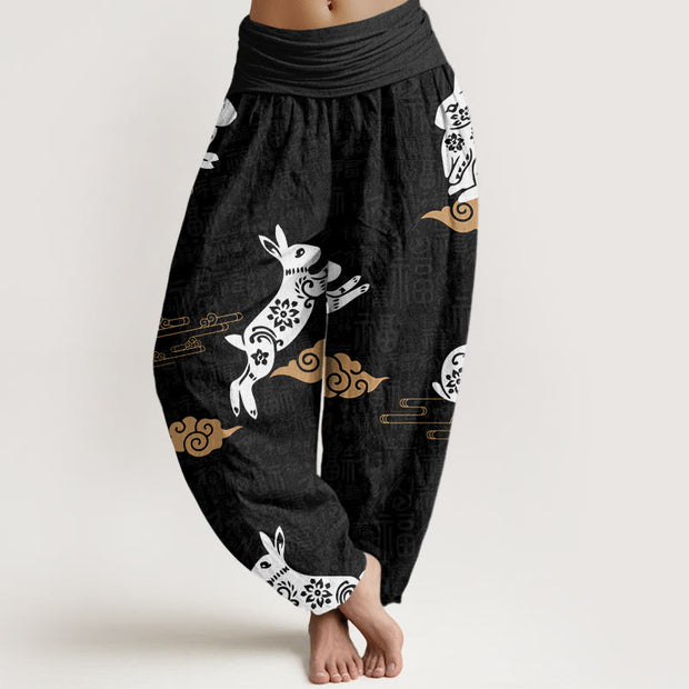 Buddha Stones White Rabbit Auspicious Cloud Pattern Women's Elastic Waist Harem Pants