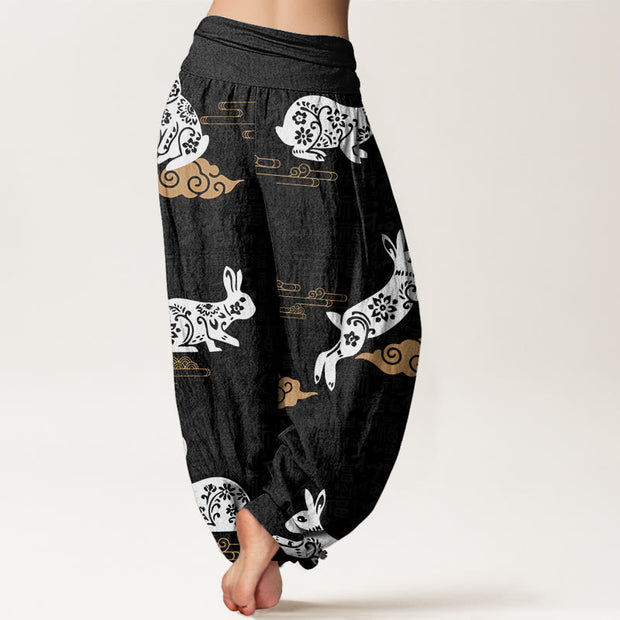 Buddha Stones White Rabbit Auspicious Cloud Pattern Women's Elastic Waist Harem Pants