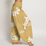 Buddha Stones White Rabbit Auspicious Cloud Pattern Women's Elastic Waist Harem Pants
