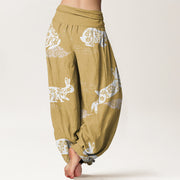 Buddha Stones White Rabbit Auspicious Cloud Pattern Women's Elastic Waist Harem Pants