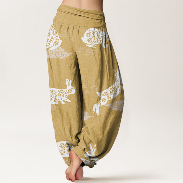Buddha Stones White Rabbit Auspicious Cloud Pattern Women's Elastic Waist Harem Pants