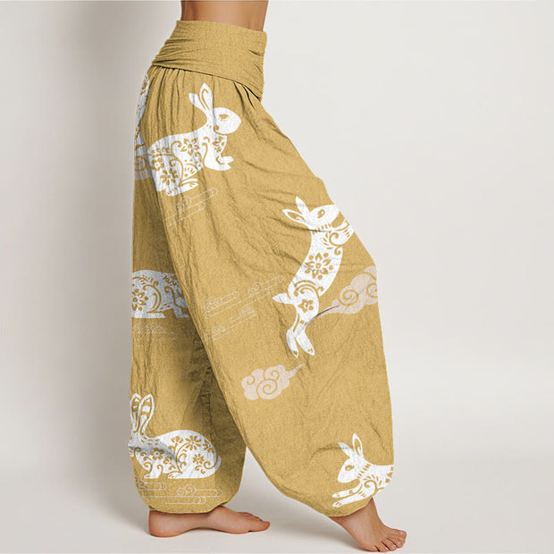 Buddha Stones White Rabbit Auspicious Cloud Pattern Women's Elastic Waist Harem Pants - image 7