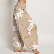 Buddha Stones White Rabbit Auspicious Cloud Pattern Women's Elastic Waist Harem Pants