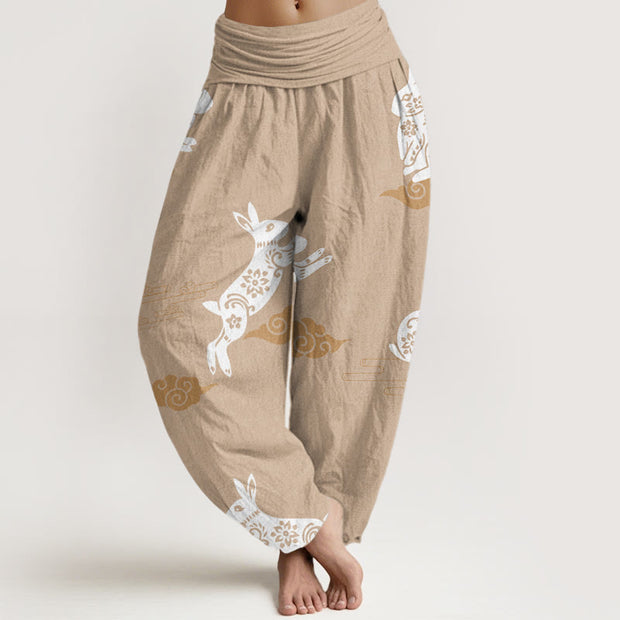 Buddha Stones White Rabbit Auspicious Cloud Pattern Women's Elastic Waist Harem Pants - BurlyWood - US22，UK/AU26，EU54 (6XL) - image 8