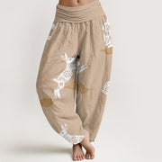 Buddha Stones White Rabbit Auspicious Cloud Pattern Women's Elastic Waist Harem Pants