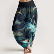 Buddha Stones Phoenix Mountain Cloud Pattern Women's Elastic Waist Harem Pants