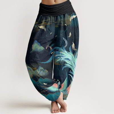 Buddha Stones Phoenix Mountain Cloud Pattern Women's Elastic Waist Harem Pants