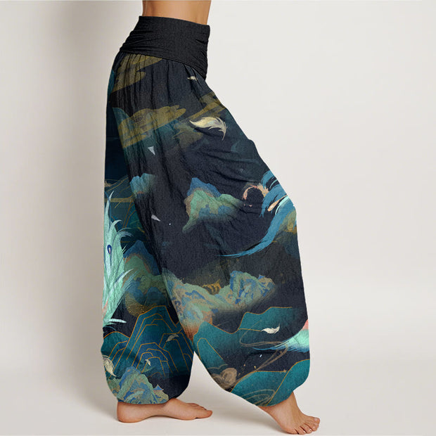 Buddha Stones Phoenix Mountain Cloud Pattern Women's Elastic Waist Harem Pants