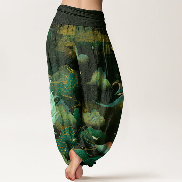 Buddha Stones Phoenix Mountain Cloud Pattern Women's Elastic Waist Harem Pants