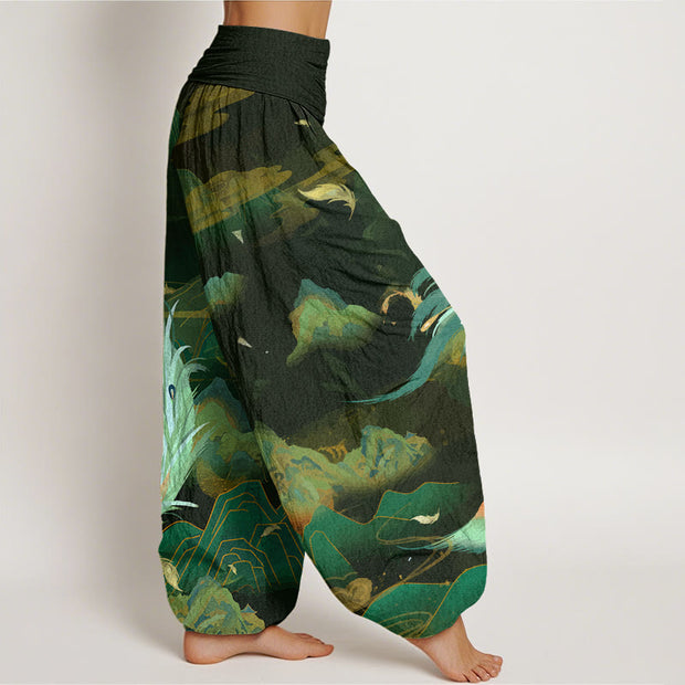 Buddha Stones Phoenix Mountain Cloud Pattern Women's Elastic Waist Harem Pants