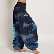 Buddha Stones Phoenix Mountain Cloud Pattern Women's Elastic Waist Harem Pants
