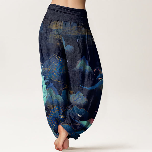 Buddha Stones Phoenix Mountain Cloud Pattern Women's Elastic Waist Harem Pants