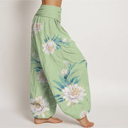 Buddha Stones Epiphyllum Pattern Women's Elastic Waist Harem Pants