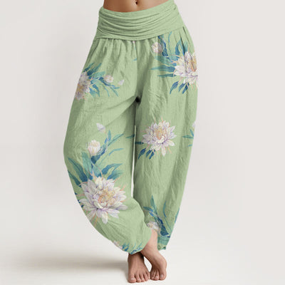 Buddha Stones Epiphyllum Pattern Women's Elastic Waist Harem Pants