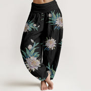 Buddha Stones Epiphyllum Pattern Women's Elastic Waist Harem Pants