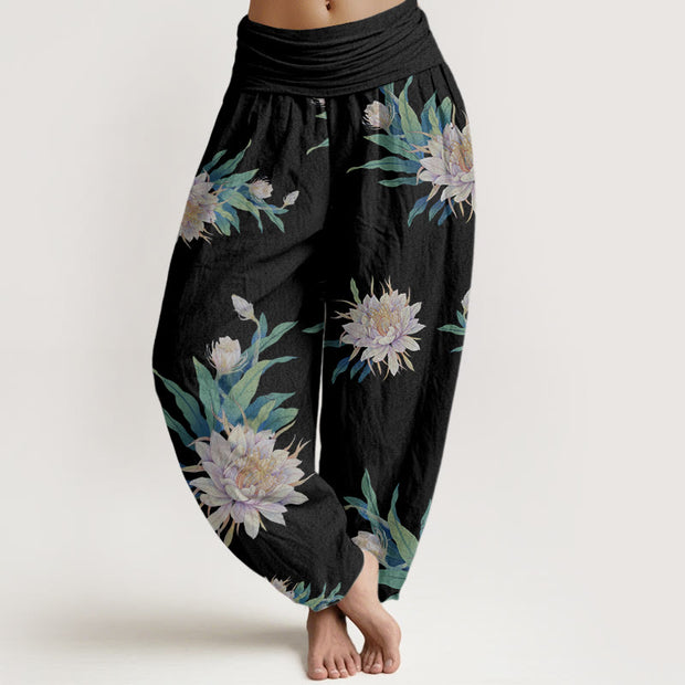 Buddha Stones Epiphyllum Pattern Women's Elastic Waist Harem Pants