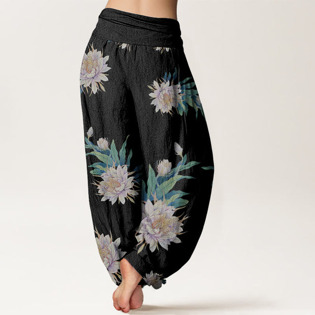 Buddha Stones Epiphyllum Pattern Women's Elastic Waist Harem Pants - image 6