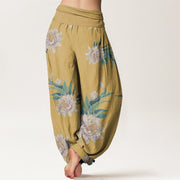 Buddha Stones Epiphyllum Pattern Women's Elastic Waist Harem Pants