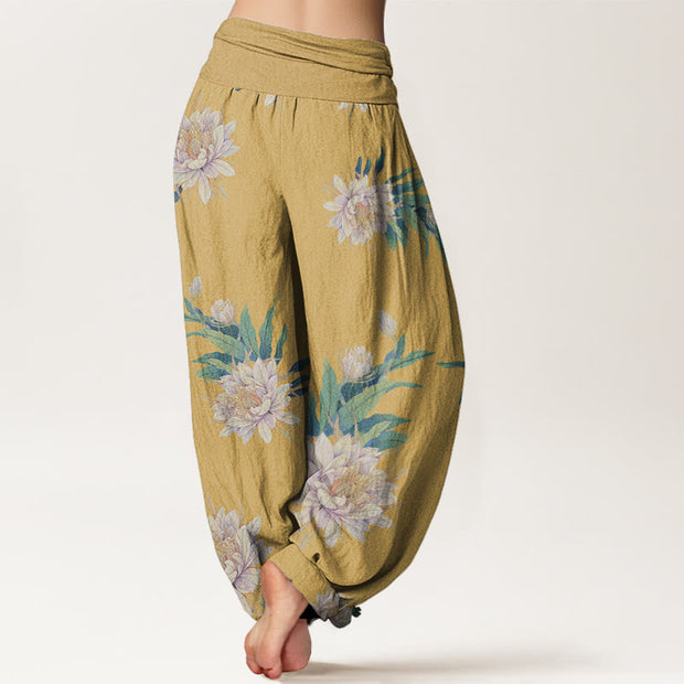Buddha Stones Epiphyllum Pattern Women's Elastic Waist Harem Pants