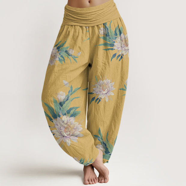 Buddha Stones Epiphyllum Pattern Women's Elastic Waist Harem Pants