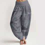 Buddha Stones Pure Cotton Casual Bamboo Rock Ink Painting Women's Elastic Waist Harem Pants