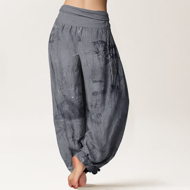 Buddha Stones Pure Cotton Casual Bamboo Rock Ink Painting Women's Elastic Waist Harem Pants
