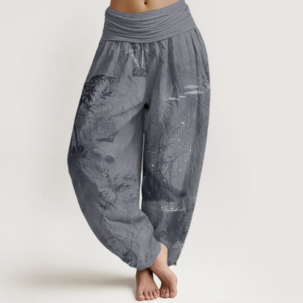 Buddha Stones Pure Cotton Casual Bamboo Rock Ink Painting Women's Elastic Waist Harem Pants