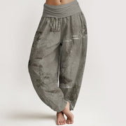 Buddha Stones Pure Cotton Casual Bamboo Rock Ink Painting Women's Elastic Waist Harem Pants