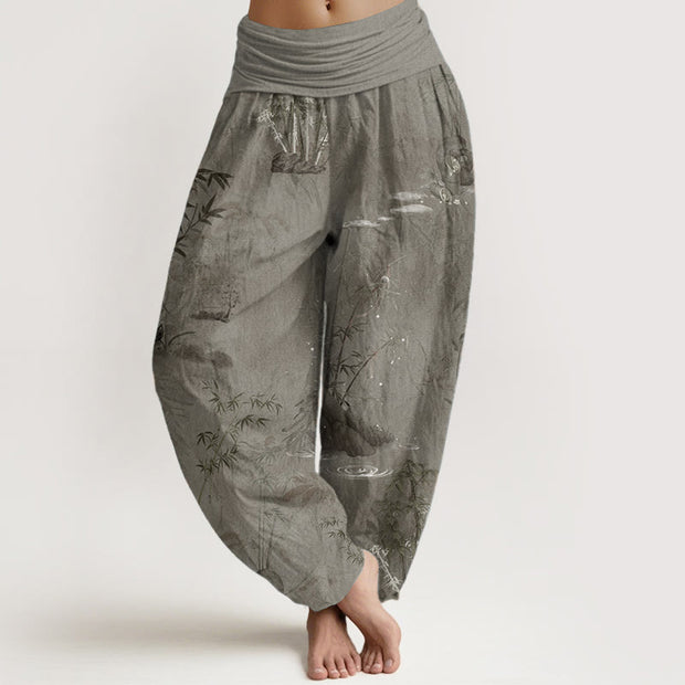 Buddha Stones Pure Cotton Casual Bamboo Rock Ink Painting Women's Elastic Waist Harem Pants