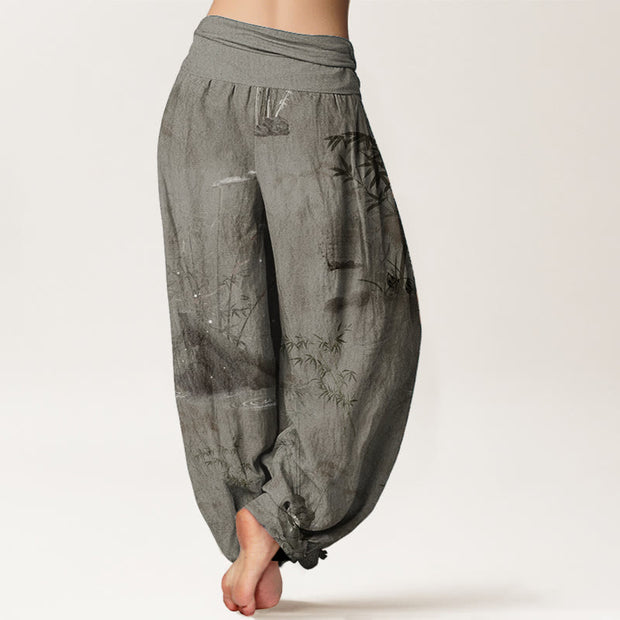 Buddha Stones Pure Cotton Casual Bamboo Rock Ink Painting Women's Elastic Waist Harem Pants