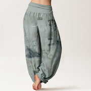 Buddha Stones Pure Cotton Casual Bamboo Rock Ink Painting Women's Elastic Waist Harem Pants