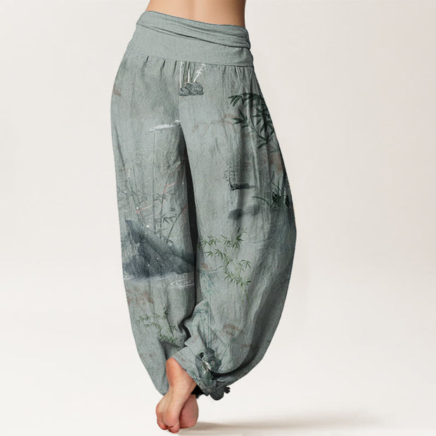 Buddha Stones Pure Cotton Casual Bamboo Rock Ink Painting Women's Elastic Waist Harem Pants