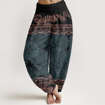 Buddha Stones Pure Cotton Elegant Mandala Flowers Design Women's Elastic Waist Harem Pants