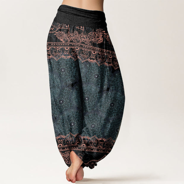 Buddha Stones Pure Cotton Elegant Mandala Flowers Design Women's Elastic Waist Harem Pants