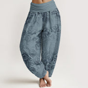 Buddha Stones Pure Cotton Casual Flower Leaves Design Women's Elastic Waist Harem Pants