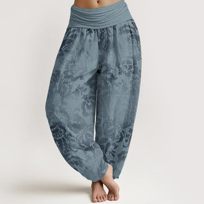Buddha Stones Pure Cotton Casual Flower Leaves Design Women's Elastic Waist Harem Pants