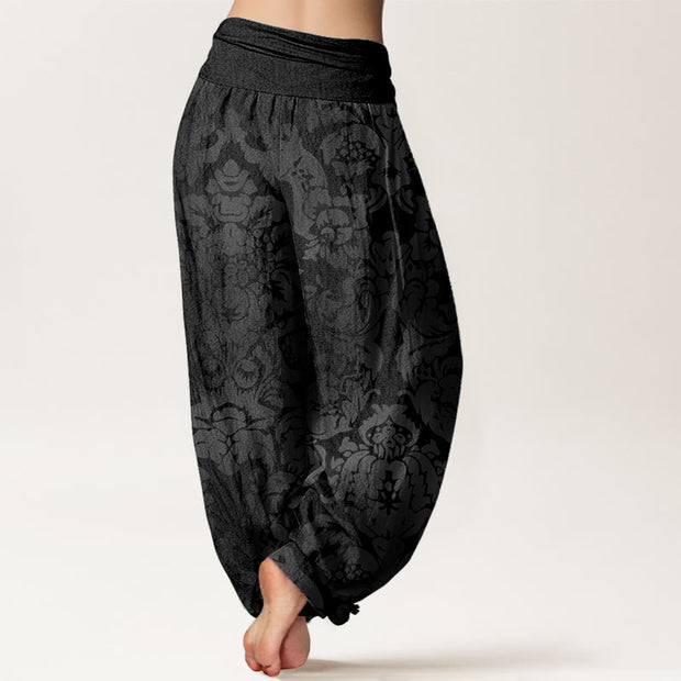 Buddha Stones Pure Cotton Casual Flower Leaves Design Women's Elastic Waist Harem Pants