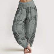 Buddha Stones Pure Cotton Casual Flower Leaves Design Women's Elastic Waist Harem Pants