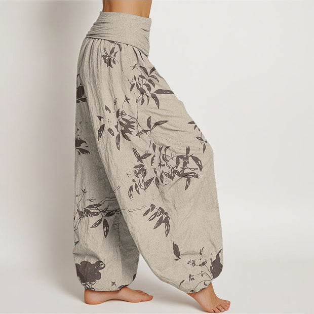 Buddha Stones Pure Cotton Branch Pattern Women's Elastic Waist Harem Pants