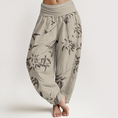Buddha Stones Pure Cotton Branch Pattern Women's Elastic Waist Harem Pants
