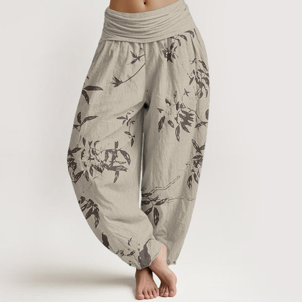 Buddha Stones Pure Cotton Branch Pattern Women's Elastic Waist Harem Pants